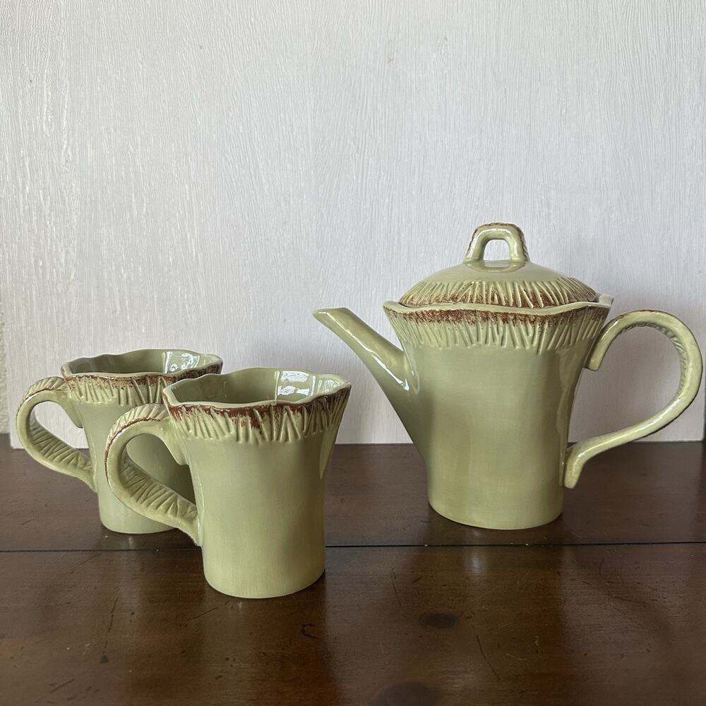 Bella Casa by Ganz Tea Pot Cups Sage Green Ceramic Rustic Minimalist Vintage